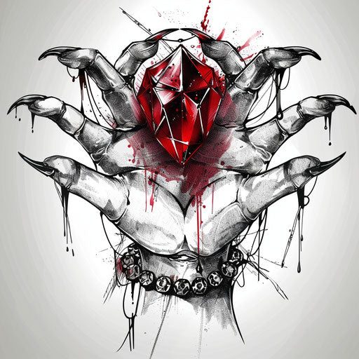 Bold tattoo sketch of a ruby held by clawed hands, in black and blood red, clipart style