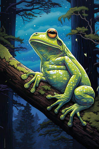 Green frog at the foot of a starry tree