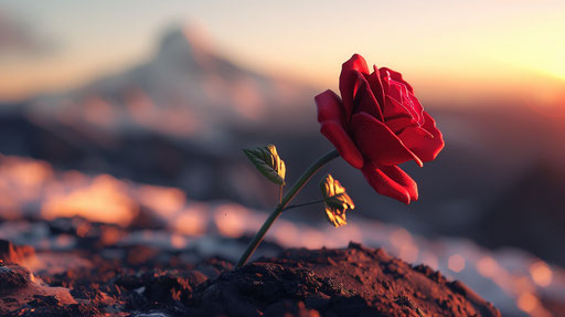 A red rose at the top of Mount Hood, dramatic, realistic scene 16:9