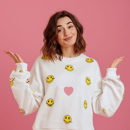 Woman with white sweatshirt and yellow emojis on pink background