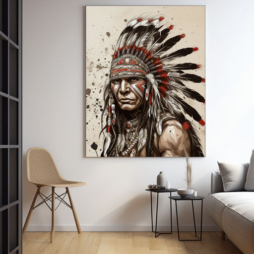 Indian warrior printed on canvas in feather shape