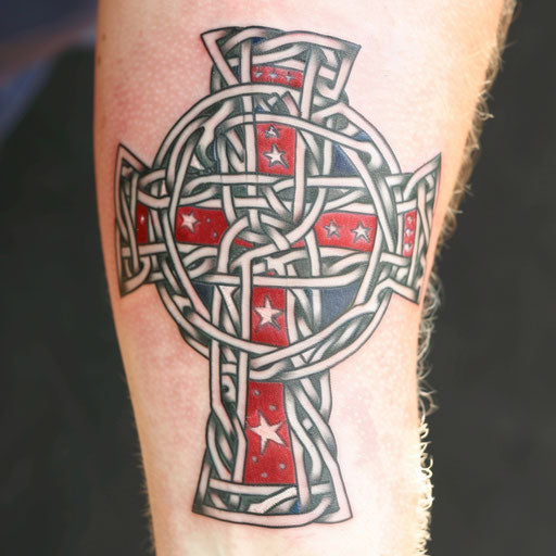Patriotic Celtic cross tattoo with national colors on white background