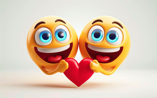 Two cute happy smiley faces holding heart icon