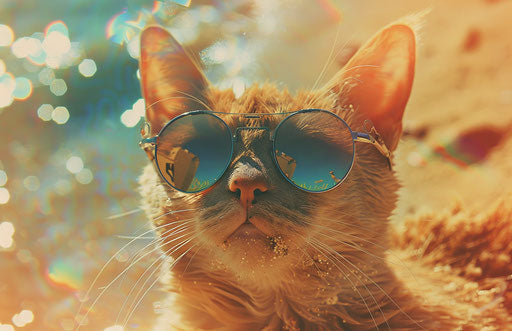 A cat with sunglasses on a futuristic beach