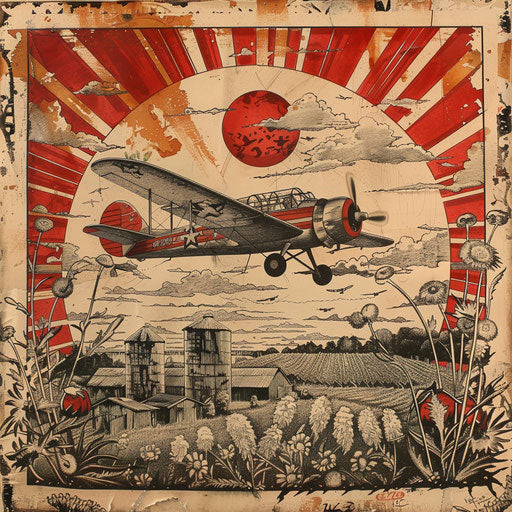 Folk art tattoo sketch of a crop duster plane over a farm scene