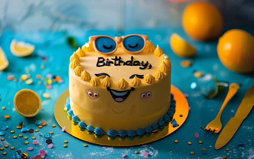 Emoji cake with sunglasses and text 'Happy Birthday'