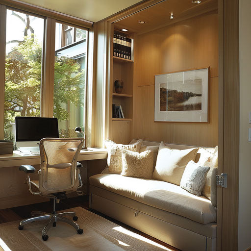 Multipurpose home office with fold-out sofa for guests