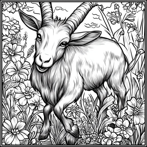 Goat playing in a meadow - Jen Bartel style coloring book page