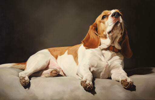 A beagle rolling over with head on her side