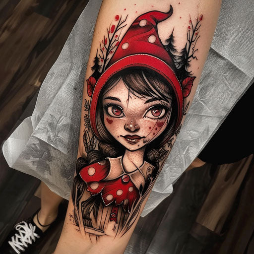 Red tattoos with whimsical themes in the style of Steve Sack