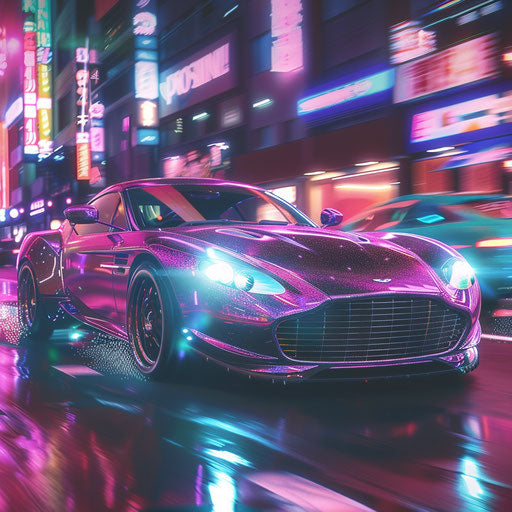 Cyberpunk-inspired Aston Martin DB7 Zagato with holographic paint, driving through neon-lit streets