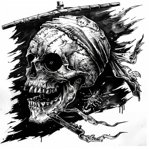 Classic flat tattoo sketch of a black flag with a detailed pirate skull