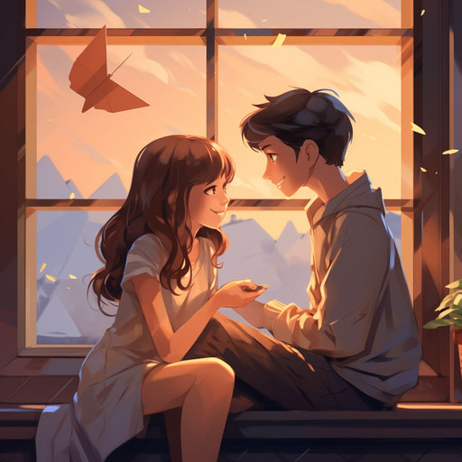 Paper airplane enthusiasts, a cute picture of someone and a girl looking at the window, in the style of animation, innocent, dansaekhwa