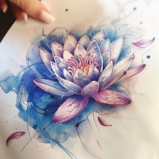 Fantasy water lily tattoo, blending flower with mythical elements, on white canvas.