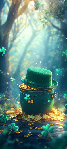 Green hat and pot of gold in an enchanted forest