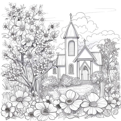 Church surrounded by blooming spring flowers