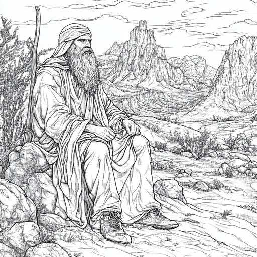 Moses in a detailed desert landscape, in the style of Gennady Spirin, Coloring book page