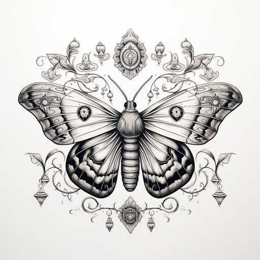 Black and white drawing of a moth, occultism-inspired style