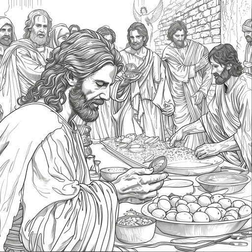 Jesus feeding the five thousand. Coloring book page
