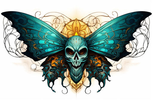 Tattooed skull moth image, turquoise and amber style