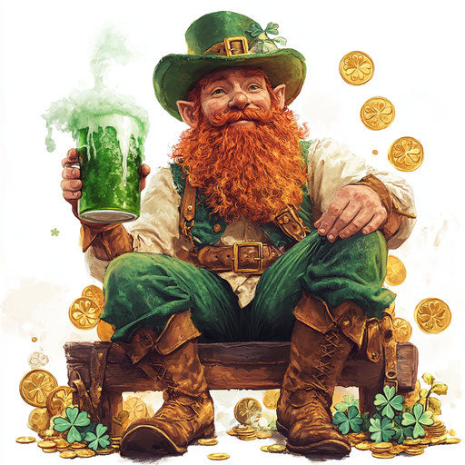 St Patrick's Day Leprechaun with red beard, sitting on bench drinking beer and holding large mug of green frothy beer, surrounded by shamrocks, gold coins in background, white background