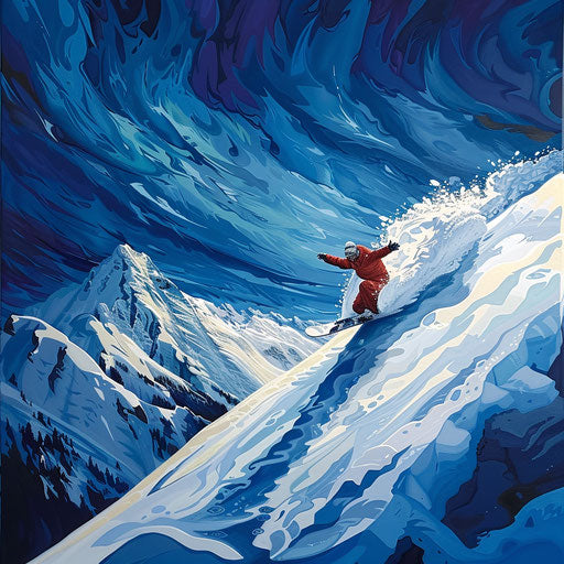 Epic descent of a snowboarder on snowy slopes