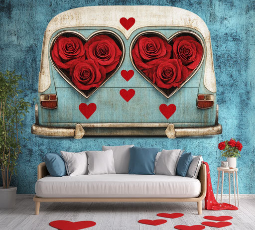 Vintage car with heart-shaped windows and red roses