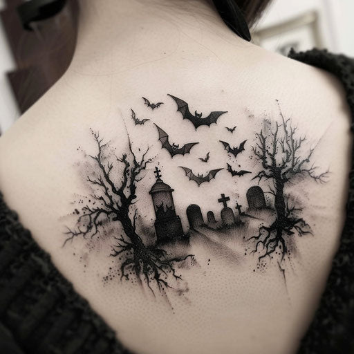 Flying bats over cemetery, night Halloween tattoo