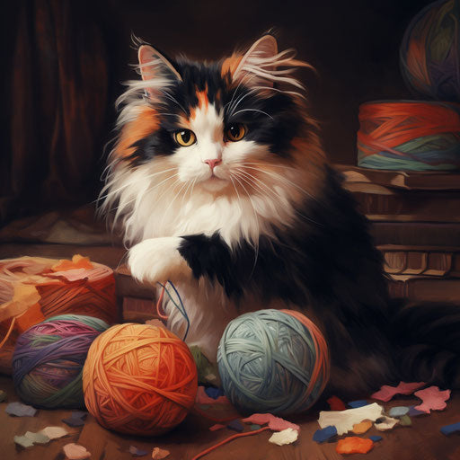 Calico cat playing with yarn