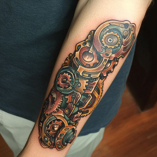 Inner arm tattoos of a steampunk-inspired design