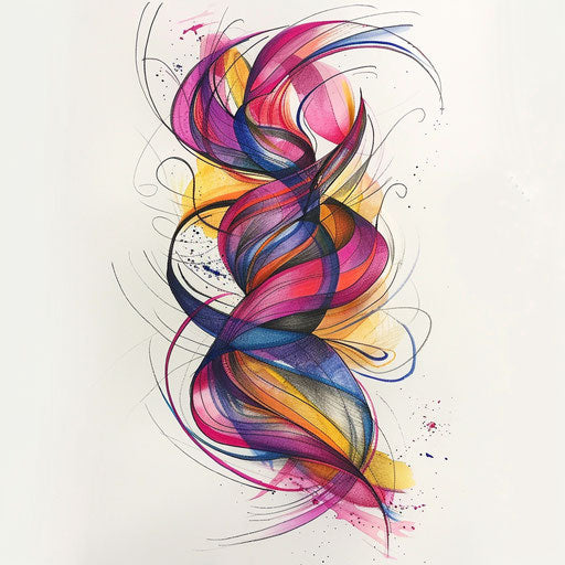 Abstract ribbon tattoo sketch with vibrant colors and fluid shapes