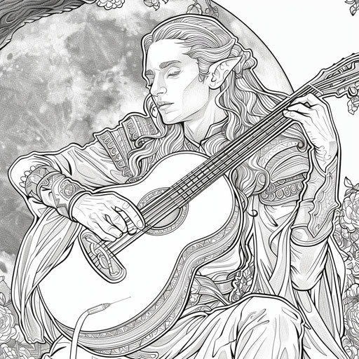 Elf bard playing lute under moonlit sky