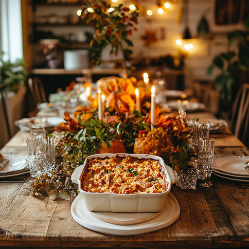Family-style Thanksgiving table with sweet potato casserole