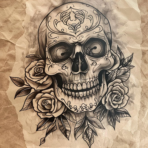 Flat sketch of a Calavera with rustic, vintage look