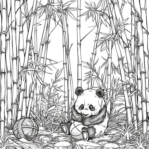 Playful panda playing with a ball in a bamboo forest. Coloring book page