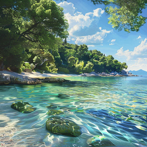 Sunny beach with crystal clear waters and lush greenery