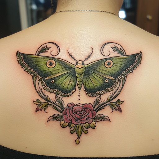 Moon moth tattoo Ami James style on shoulder blade