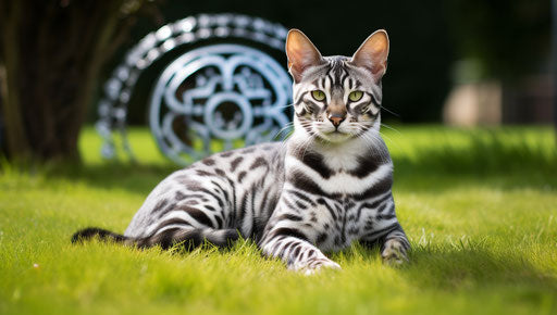 Bengal cat in grass, geometric symmetry, velvety textures