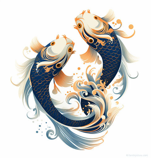 Two koi fish on white background, dark blue and black style