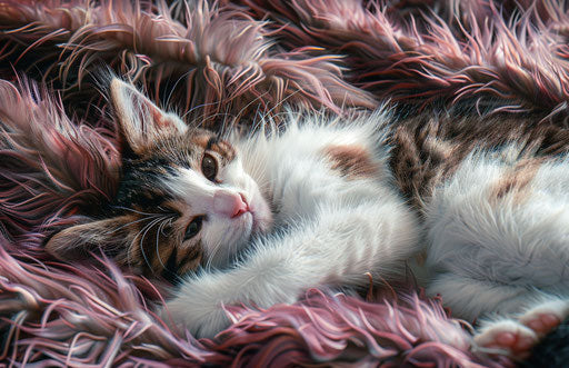 Kitten lying on fur, carpetpunk style, light pink and white