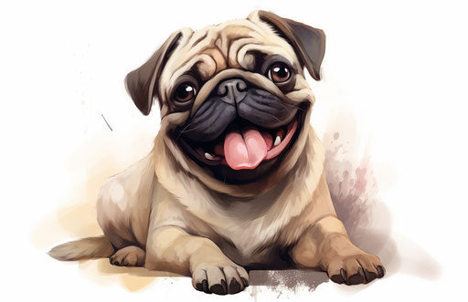 Pug sitting tongue out on floor, exaggerated features