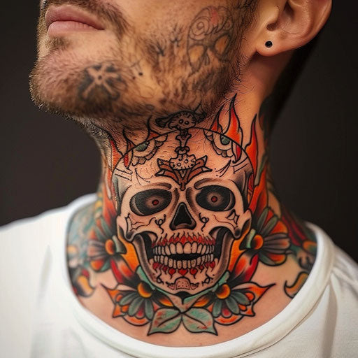 Men's neck tattoo with traditional skulls and flames