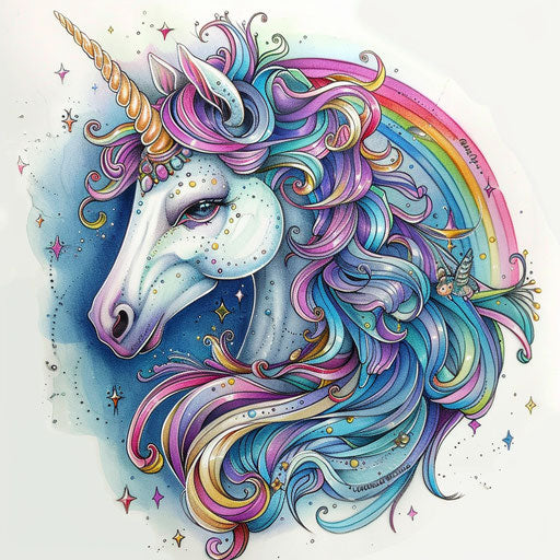 Tattoo sketch of a mystical unicorn with a rainbow