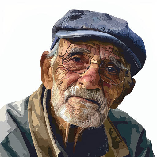 Realistic clipart of an old man on flat white background, bright colors and smooth finishes