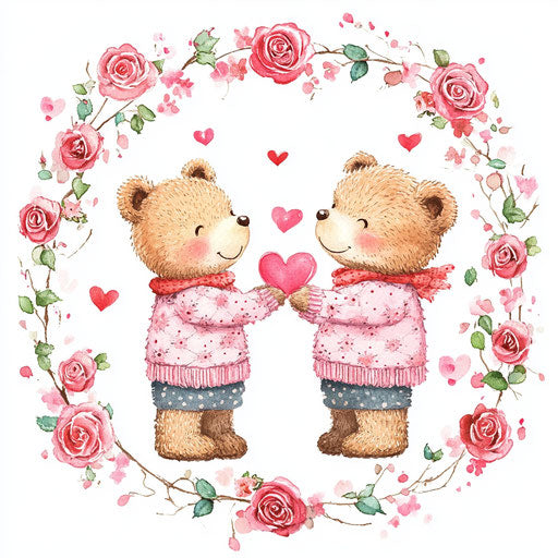 Cute teddy bear couple in love surrounded by pink roses