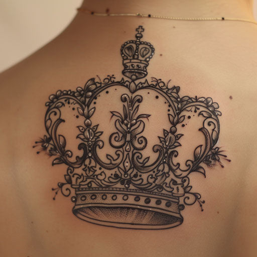 Art Nouveau style king crown tattoo, fluid lines and floral patterns in black on white background