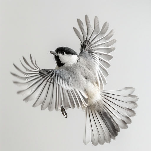 Chickadee in flight with spread wings, Marsel van Oosten style