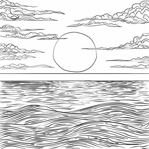 Sunset scene over a calm ocean with reflections in the water. Coloring book page