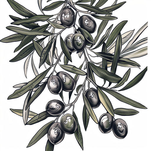 Detailed design of a tattoo with Italian olive branches, black and green ink, on white background
