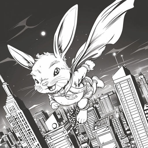 Easter Bunny Superhero flying over city skyline at night